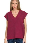 Zenana Womens Sweater Vest Burgudy Ribbed Slit V-Neck Short Sleeve CABERNET 586025e138e544cca498dc764debab98-Max-Origin Trendsi