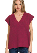 Zenana Womens Sweater Vest Burgudy Ribbed Slit V-Neck Short Sleeve CABERNET 586025e138e544cca498dc764debab98-Max-Origin Trendsi