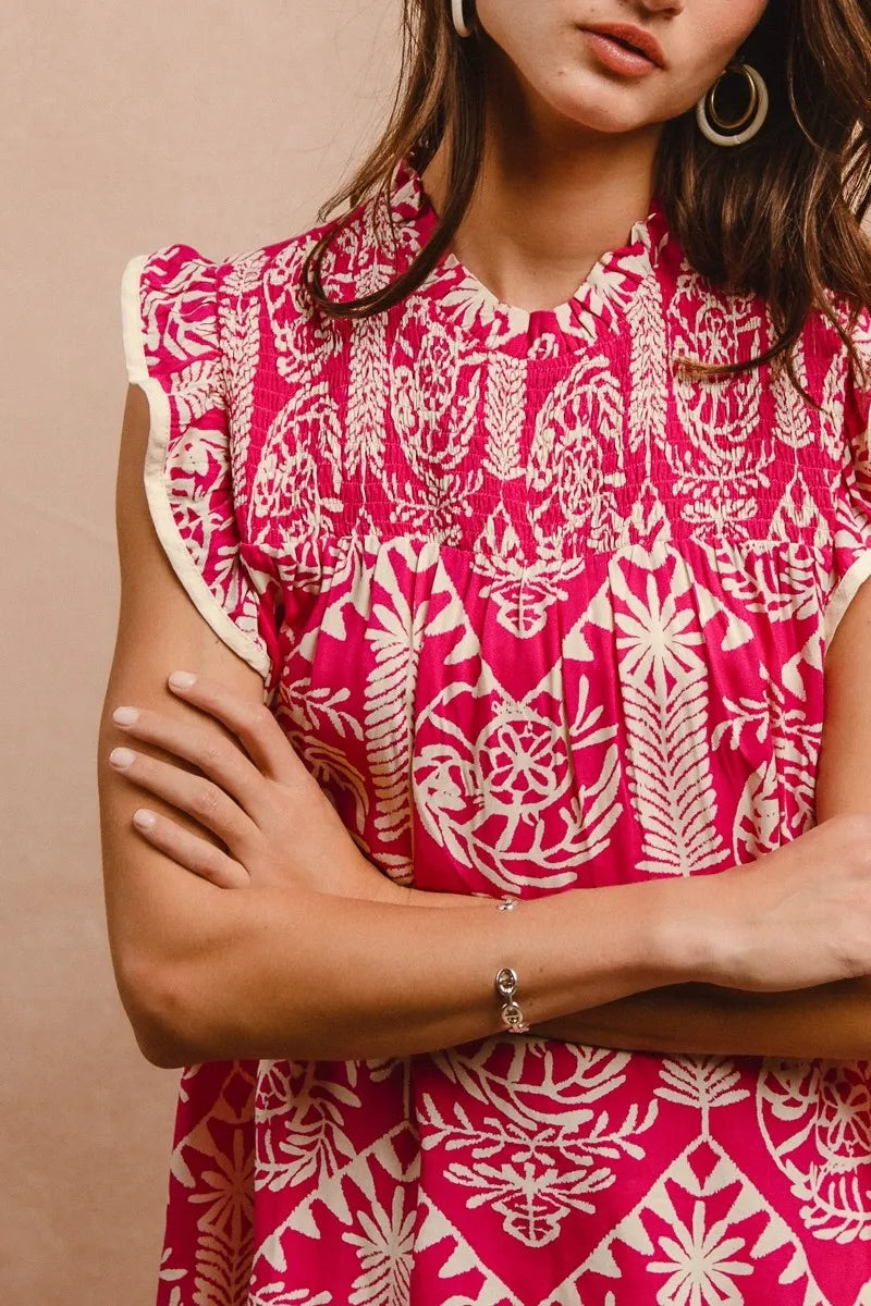 BiBi Women's Blouse Pink Floral Printed Ruffle Short Sleeve Top 58625fa2d73d4edd9a0e9cf9b14391fb-Max-Origin Trendsi