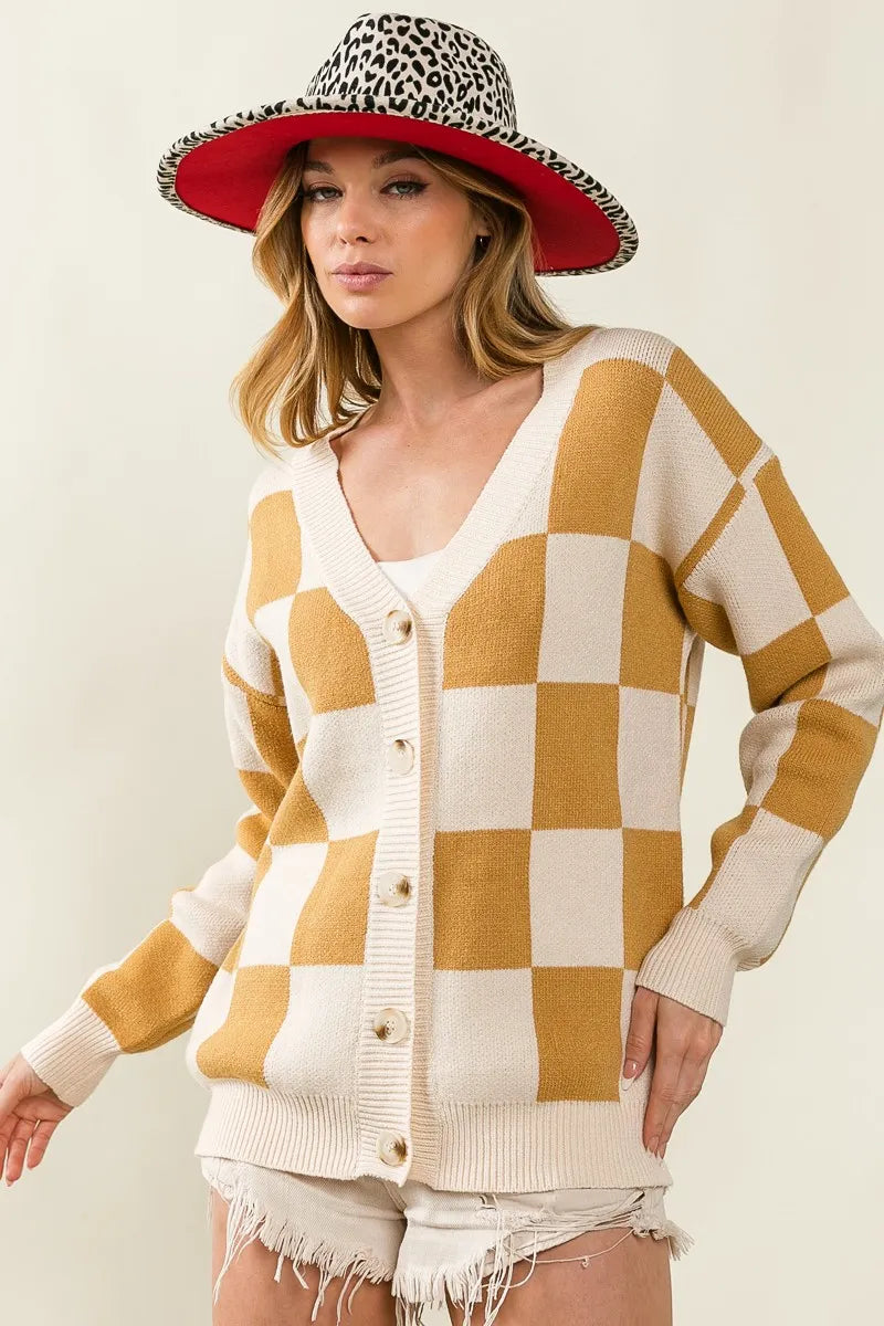 BiBi Cardigan Knit Ivory Camel Checked V-neck Long Sleeve Sweater 58676d7bed8b45f59c32c3ac3f368916-Max-Origin Trendsi