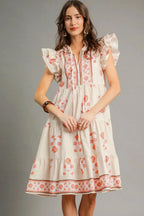 Umgee Mini Dress Floral Coral Printed Tie Neck Ruffle Cap Sleeve Burnt Coral 586db9c4-ccb1-4eac-9e05-36fd2d6beb1b-Max-Origin Trendsi