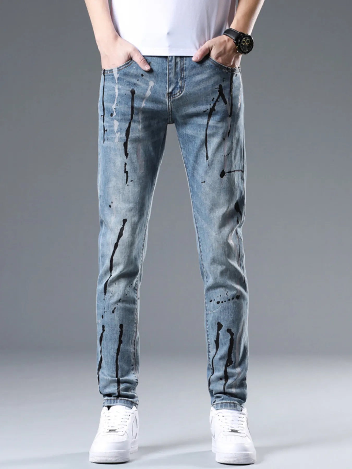 Men's Slim Fit Jeans Splatter-Paint Style Distressed Ligh Blue Denim Pants 586e9736f2624c3abd700d235a5ca437-Max-Origin Trendsi