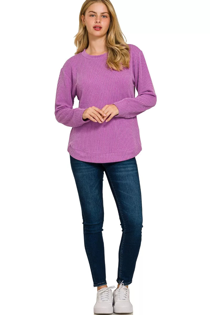 Zenana Raised Rib Blouse Light Plum Round Neck Long Sleeve Top 587879657cf54078a781e21d4eb78552-Max-Origin Trendsi