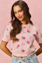 SO ME Womens Sweater Top Blush Pink Floral Pattern Knit Puff Short Sleeves 5884cc84571e4a2da477f48bd8558242-Max-Origin Trendsi