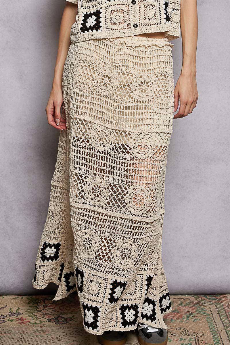 Floral Crochet Maxi Skirt with Ruffled Waistband and Granny Square Pattern