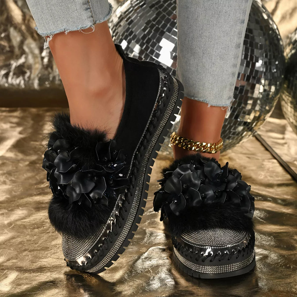 Fur-Trimmed Rhinestone Loafers Black 588b5ff01def4e59b5fce4ebd7a70b9d-Max-Origin Trendsi