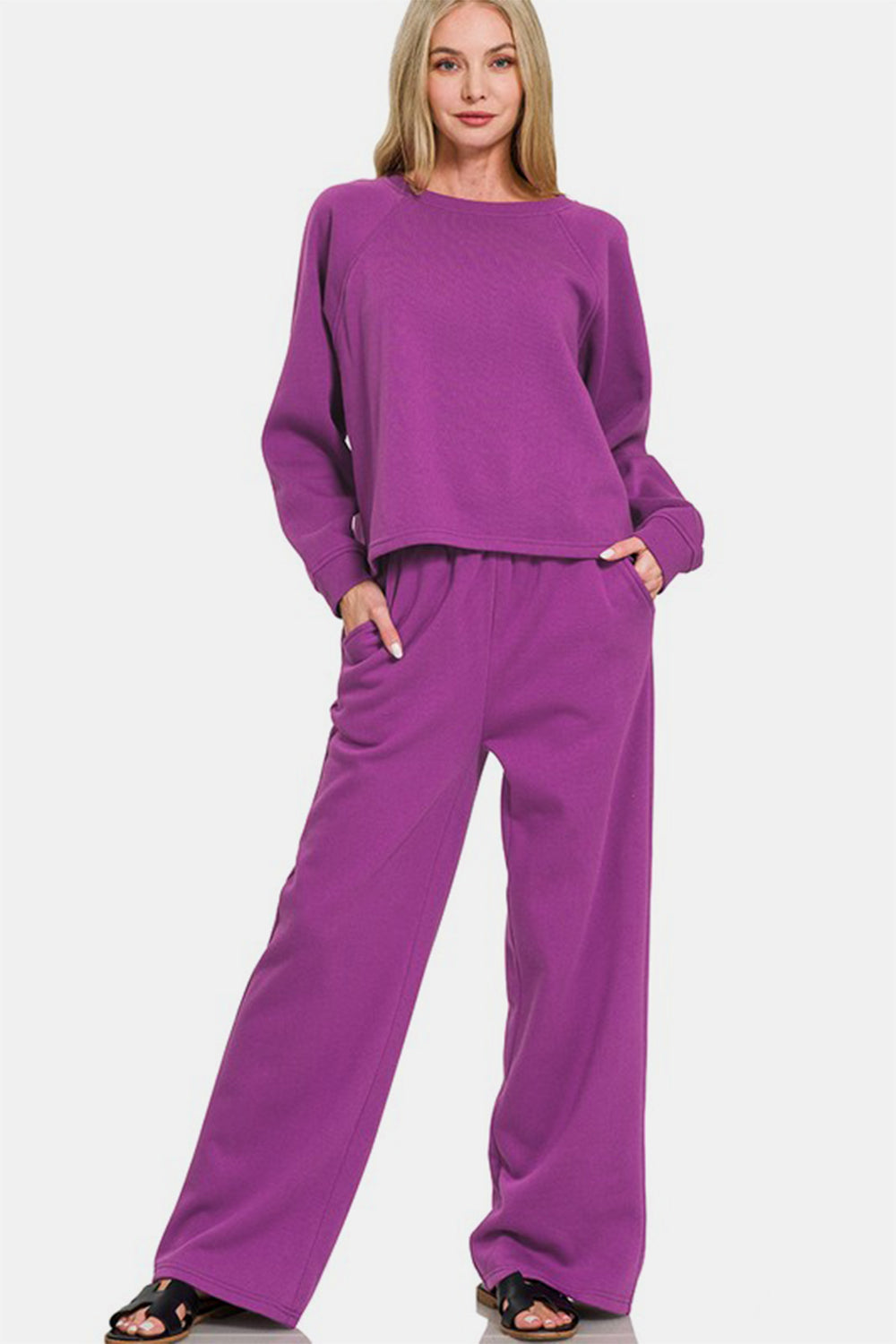 Zenana Outfit Set Round Neck Deep Purple Long Sleeve Top and Elastic Waist Pants