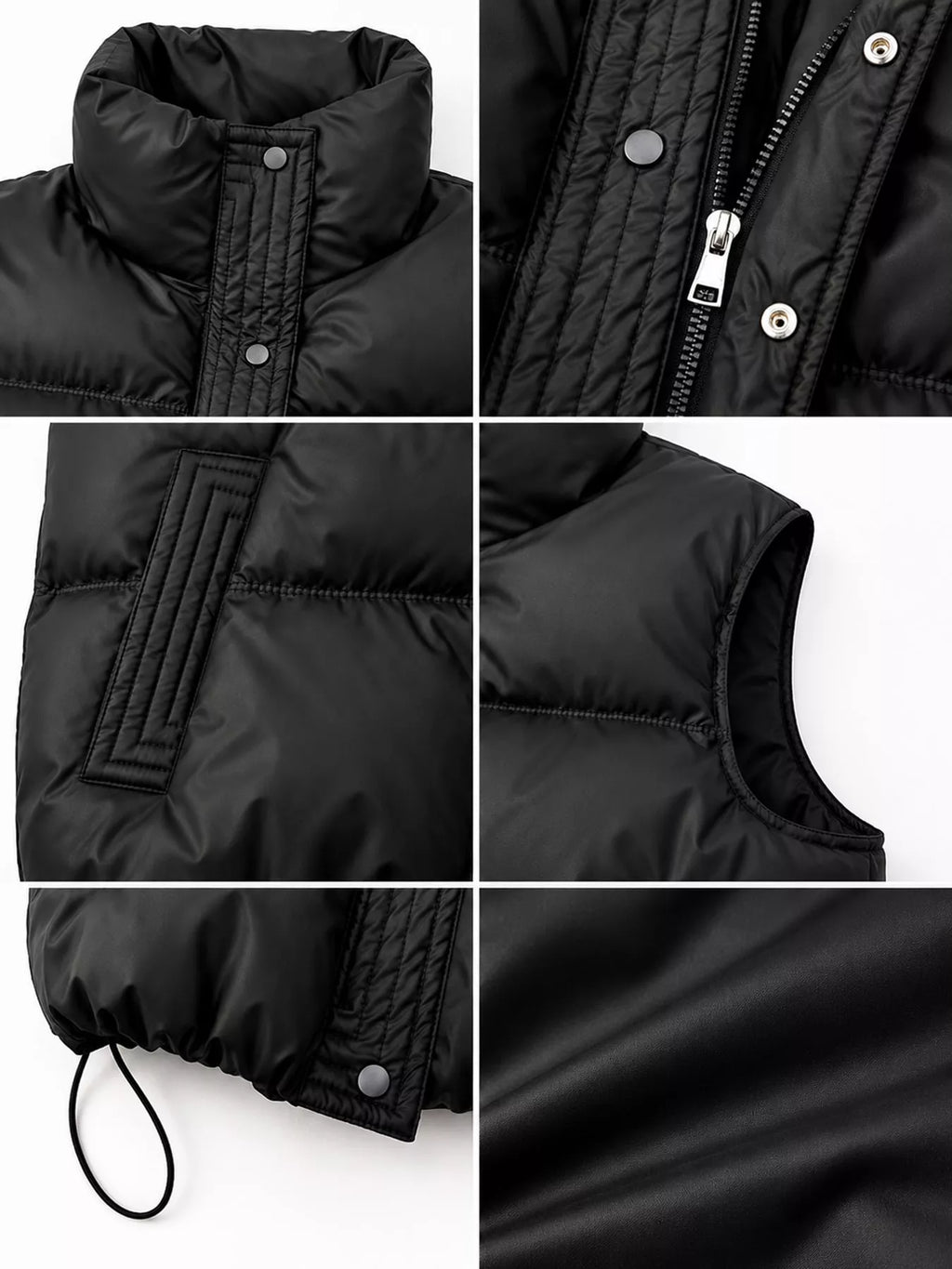 Collage of black vest details: collar snaps, zipper, pockets, and fabric texture
