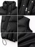 Collage of black vest details: collar snaps, zipper, pockets, and fabric texture