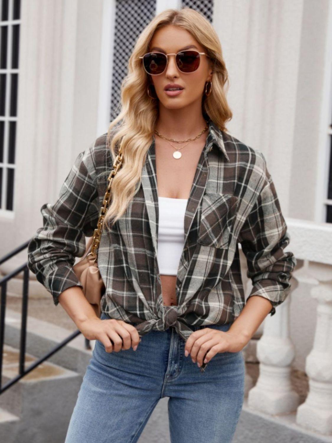 Pocketed Plaid Shirt Collared Neck Long Sleeve Button up 58992f58-ea18-47a6-b6ee-f8d7ae1515d9-Max Trendsi