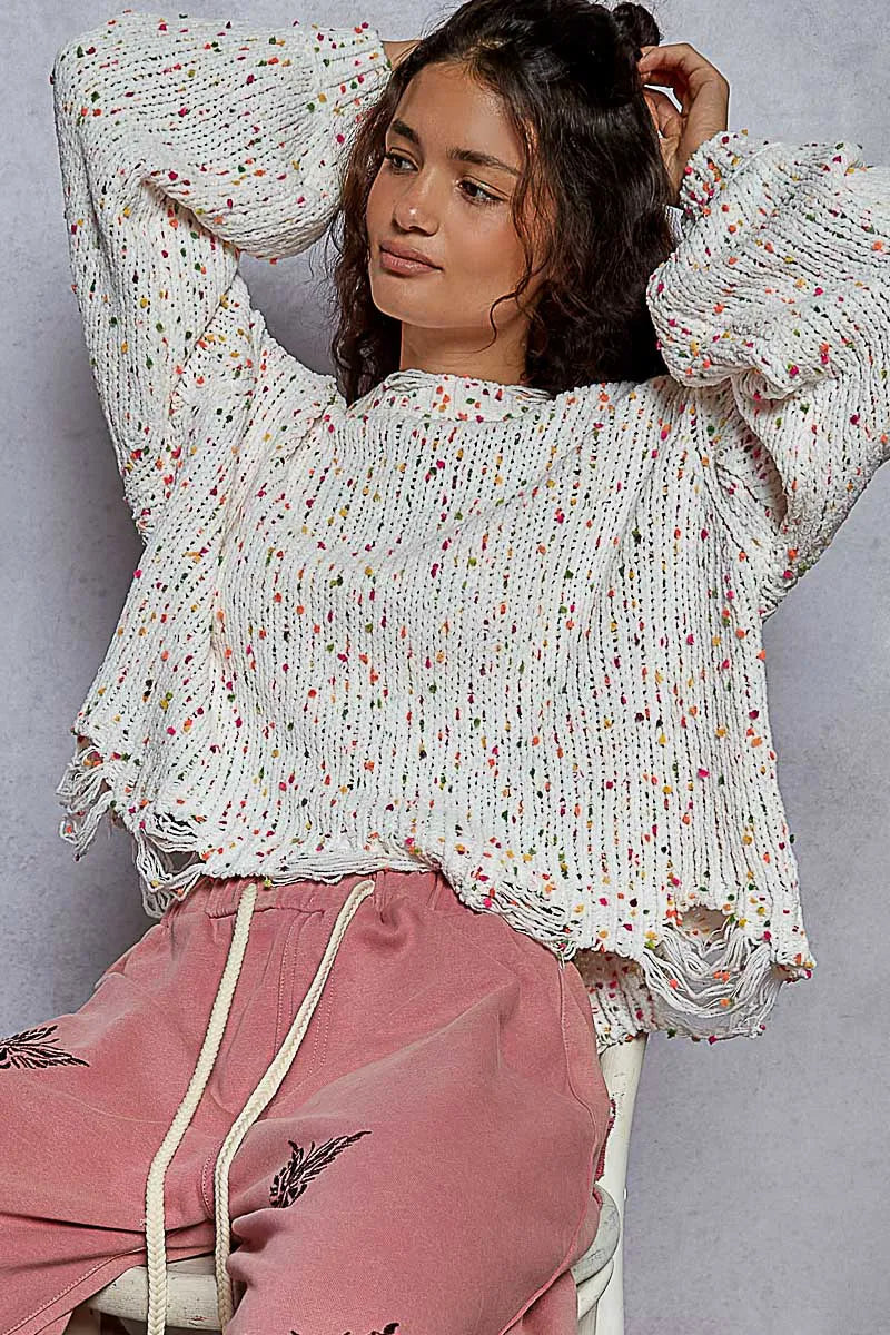 POL Sweater Knit White Pink Colorful Round Neck Fringed Distressed Hem 589a837d-197b-42d1-8c93-68fe028f4484-Max-Origin Trendsi