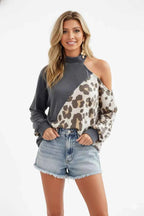 BiBi French Terry Knit Color Block Cold Shoulder Sweatshirt With Leopard