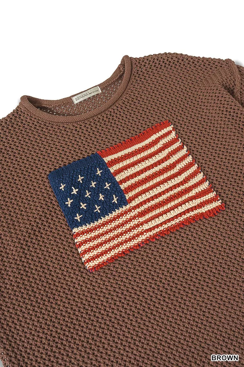 Zenana Womens Sweater Brown American Flag Crew Neck Open Knit Top 589bbf384d3c446489a94af73800bc5c-Max-Origin Trendsi