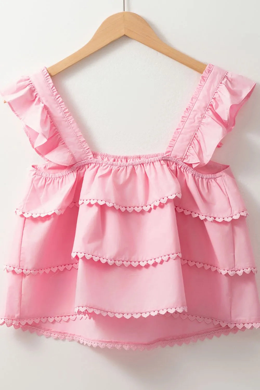 Ruffle Top Blush Pink Tiered Heart Trim Square Neck Top Short Sleeve 58a9907a-d329-49c7-9248-a97102f0a453-Max-Origin Trendsi