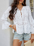 Crochet Blouse Ruffle Tie Front Flounce Long Sleeve Peplum Cut Out Embroidered 58b40bf2-411d-4a71-82cf-5db134473fa3-Max Trendsi