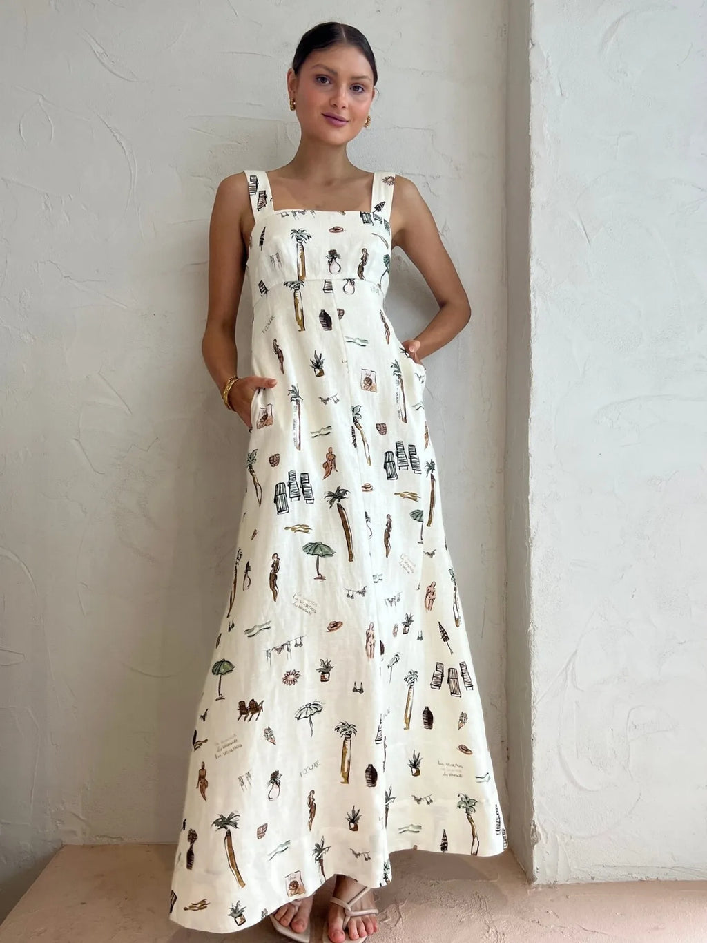 Maxi Cami Dress Beige Summer Printed Square Neck with Pockets Back Tied Beige 58b41dc06bd34998be29ab4bdc02be3b-Max-Origin Trendsi