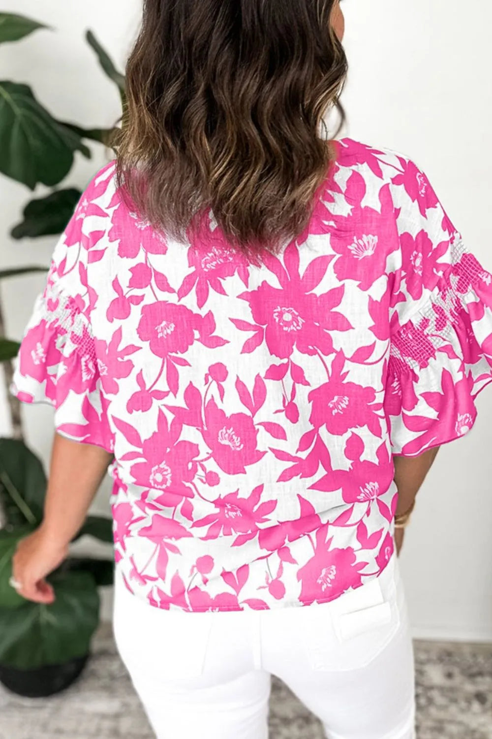 Women's Blouse Floral Print Hot Pink Short Sleeve Casual Top 58baee7e-45f8-4960-ba3f-1fd490312750-Max-Origin Trendsi