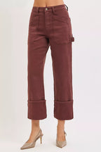 RISEN Womens Jeans Choco Brown High Rise Wide Straight Cuffed Patch 58be19e5c91542db92a7495b49c46934-Max-Origin Trendsi