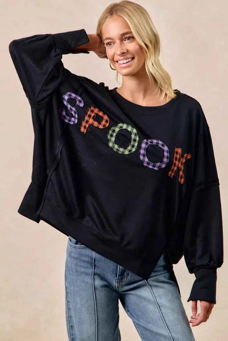 BiBi Women Sweatshirt Oversized Black Spook Plaid Letter Print Long Sleeve Top 58c7692d76334c5eaa9a23b64238f7cd-Max-Origin Trendsi