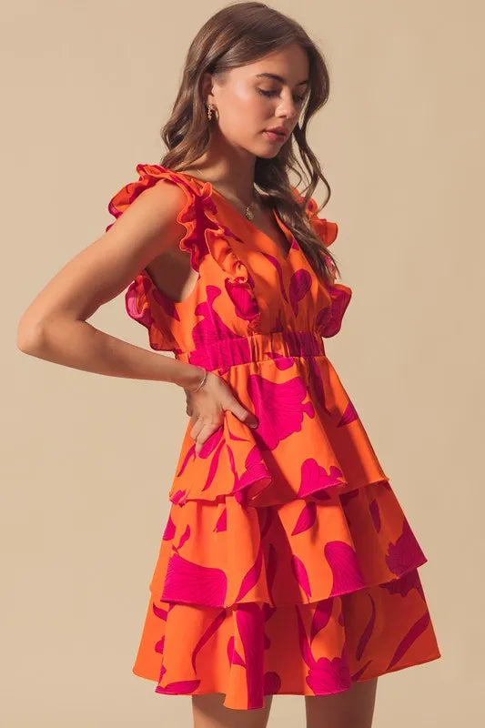 SO ME Floral Dress V Neck Layered with Elasticized Waist Short Cap Sleeve ORANGE FUCHSIA 58c9acf64a994a4fb24f498f9b733ad5-Max-Origin Trendsi