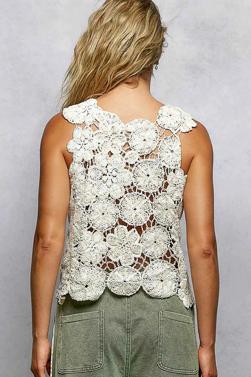 POL Round Neck Floral Crochet Sleeveless Cropped Top