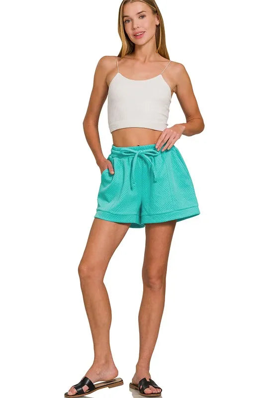 Zenana Turquoise Shorts Textured Knit Jacquard Drawstring Pocketed