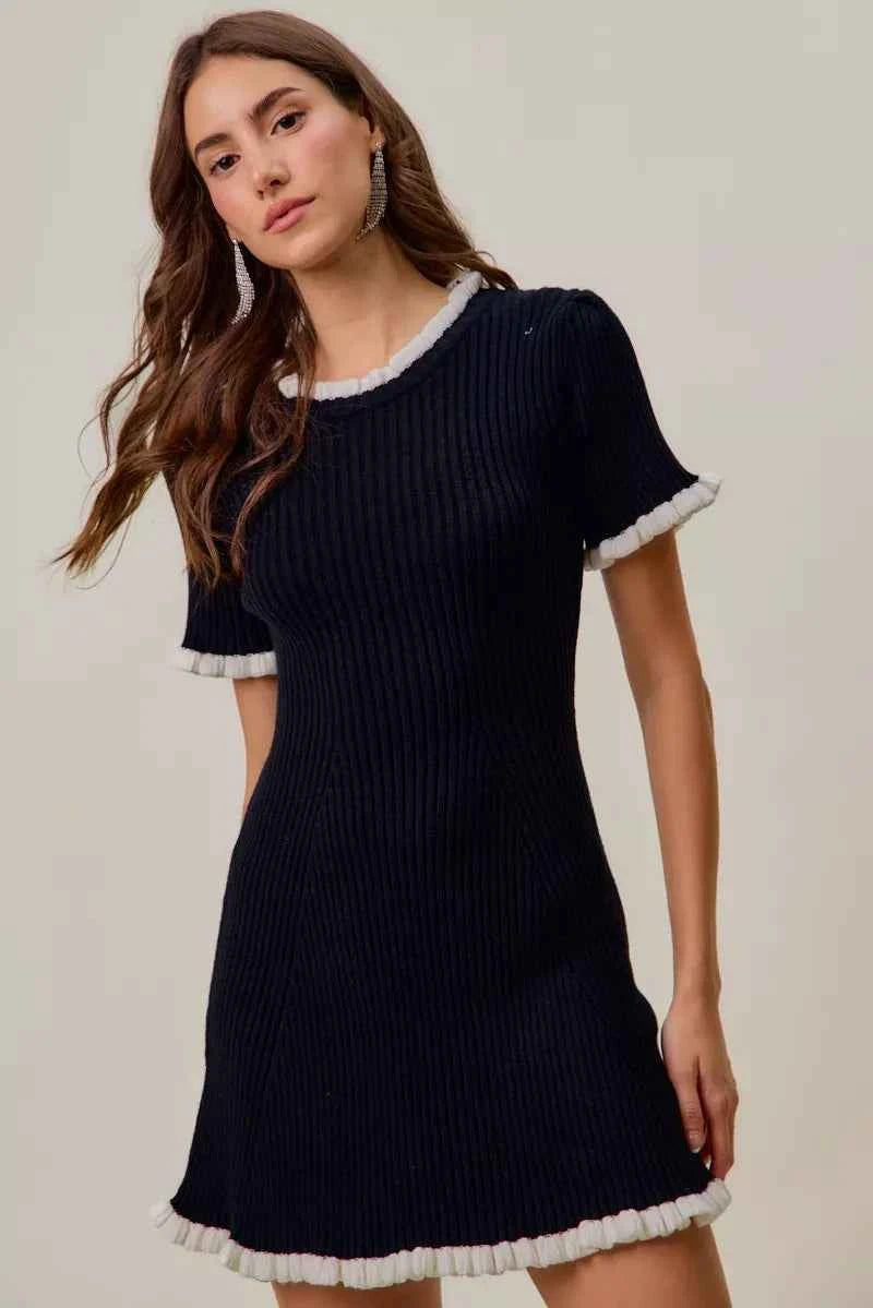 SO ME Contrast Ruffled Sweater Knit Mini Dress