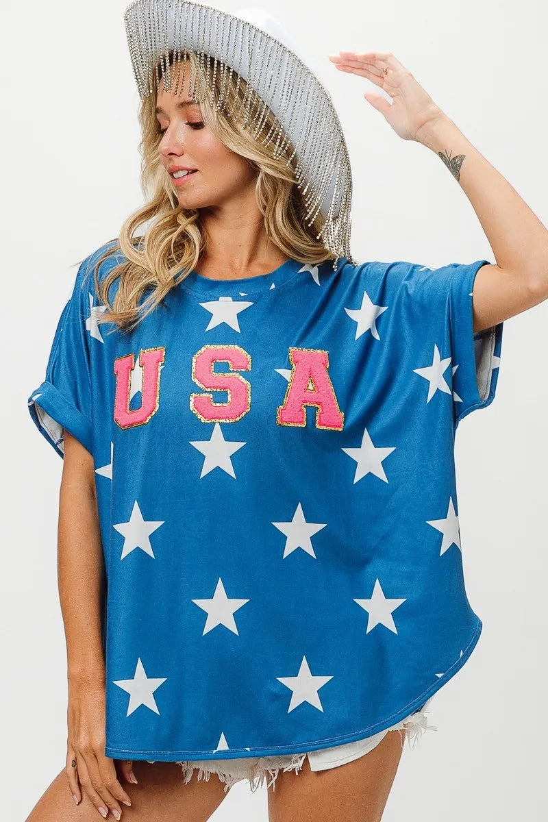 BiBi Cotton T-Shirt Fourth Of July USA Star Knit Rhinestone Glitter Top BLUE 58e2d2e397754b3280065da3e442e50b-Max-Origin Trendsi