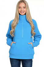 Zenana Womens Fleece Sweatshirt Deep Sky Blue Half Zip with kangaroo Pocket 58f2c5f5-545a-4094-a4c0-fd43724237bc-Max-Origin Trendsi