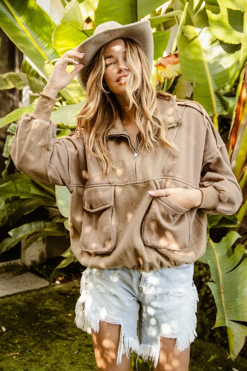 BiBi Fleece Pullover Womens Mocha Half Zip Vintage Washed Half Zip Top 58f88e4a94dc4645899c97828f46cf07-Max-Origin Trendsi