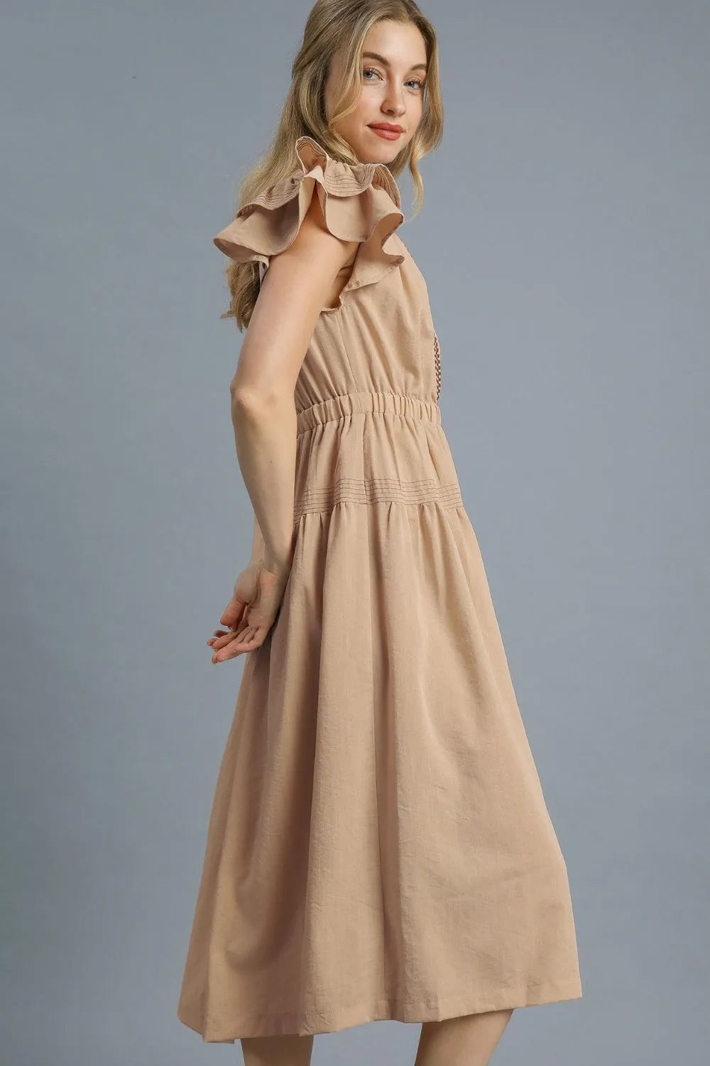 Umgee Midi Dress Tan Ruffled Cap Sleeve with Contrast Trim Detail 58fa7b17-c4d6-481e-8f32-eb5c9b0591aa-Max-Origin Trendsi