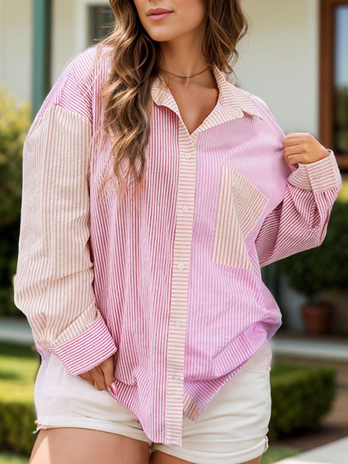 Plus Size Shirt Striped Collared Neck Long Sleeve Blouse Blush Pink 58ff2c10-e919-42e8-9ab2-85526913de4b-Max Trendsi