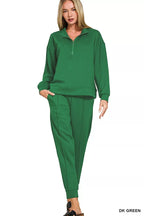 Zenana Womens Jogger Set Green Scuba Half Zip Pullover and Pants DK GREEN 590420d61a85486eb7b02f8d69979f62-Max-Origin Trendsi
