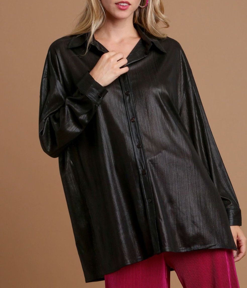 Umgee USA Black Metallic Shirt Women Side Slit Button Up Long Sleeve Black 5919a432-d886-4725-ba1a-2c9271ae12e3-Max Trendsi