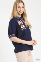Umgee Blouse Navy Blue Embroidered Puff Sleeve Contrast Trim Top 591a967d-6a4c-4f0d-a67a-ab6ae2e45de5-Max-Origin Trendsi