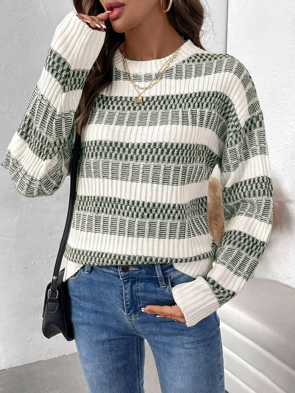 Perfee Sweater Contrast Striped Round Neck Long Sleeve Knitwear 59241faa-c17d-41f0-9359-2f0b07d3336a-Max Trendsi