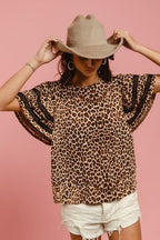 Bibi Leopard Print Blouse Crochet Trim Short Sleeve Top 5938db33-84be-41cd-bf92-e7314a318b2f-Min Trendsi