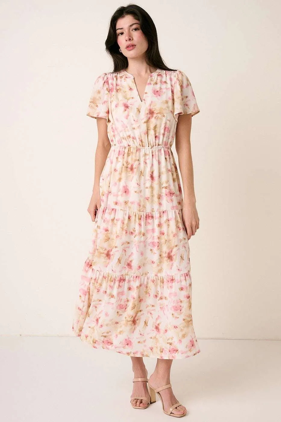 Mittoshop Maxi Dress Pink Floral Flower Print Flutter Sleeve V Slit Smocked 5938e86849ca4dd49b9686033b1f3ae1-Max-Origin Trendsi