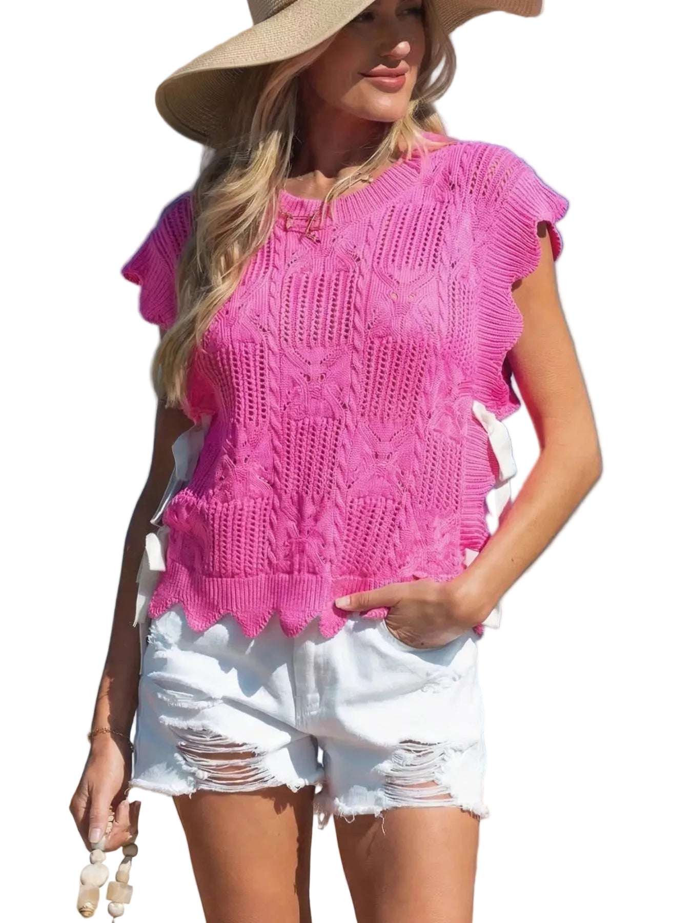 Side Tie Openwork Round Neck Sweater Vest