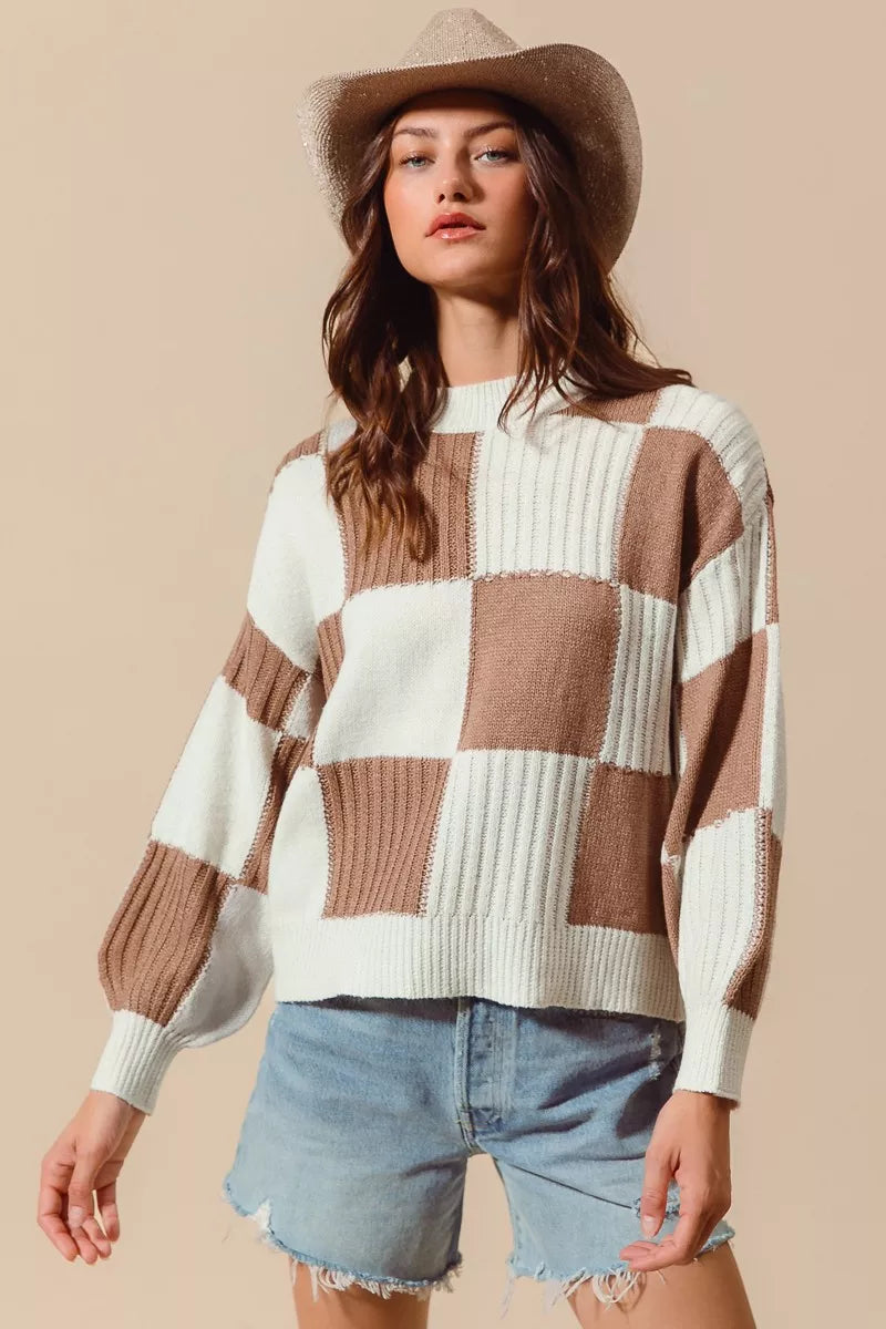 SO ME Ribbed Color Block Checkered Plaid Sweater 593e98ebaab94e00a608094c22fad631-Max-Origin Trendsi