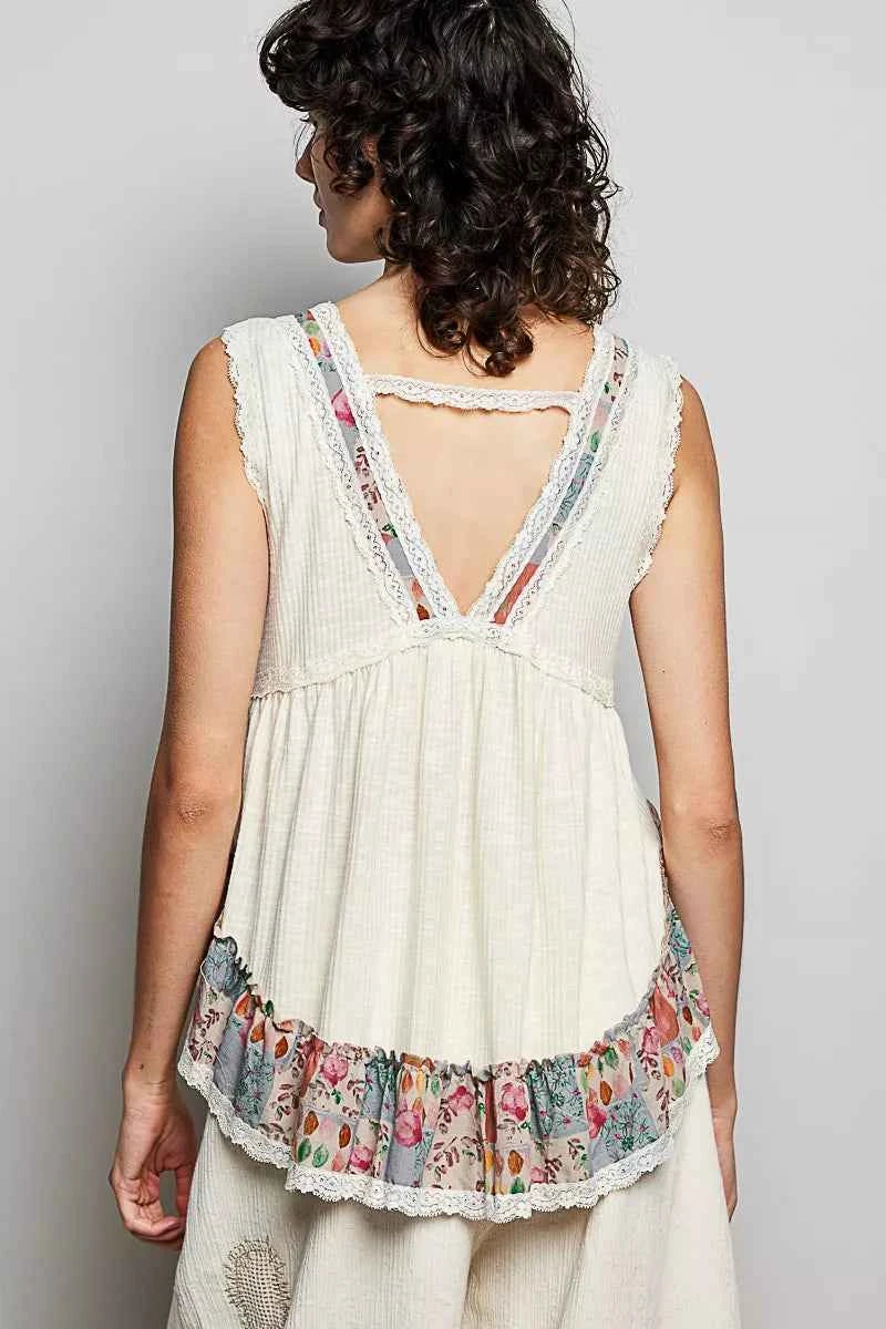POL Lace Detail Ruffled Ribbed Sleeveless Top with Floral Pattern Trim Detail
