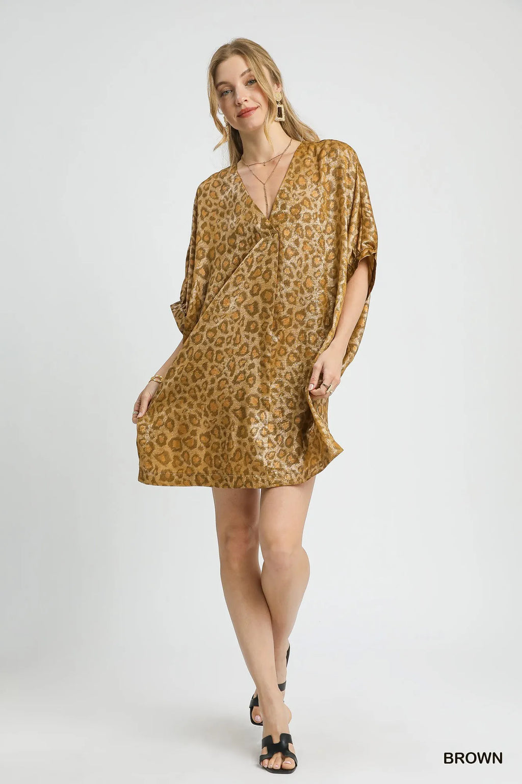 Umgee Kimono Dress Metallic Leopard Print Brown V-Neck Oversized 5959f8be-fe79-4bc8-864e-e304fbfd5191-Max-Origin Trendsi