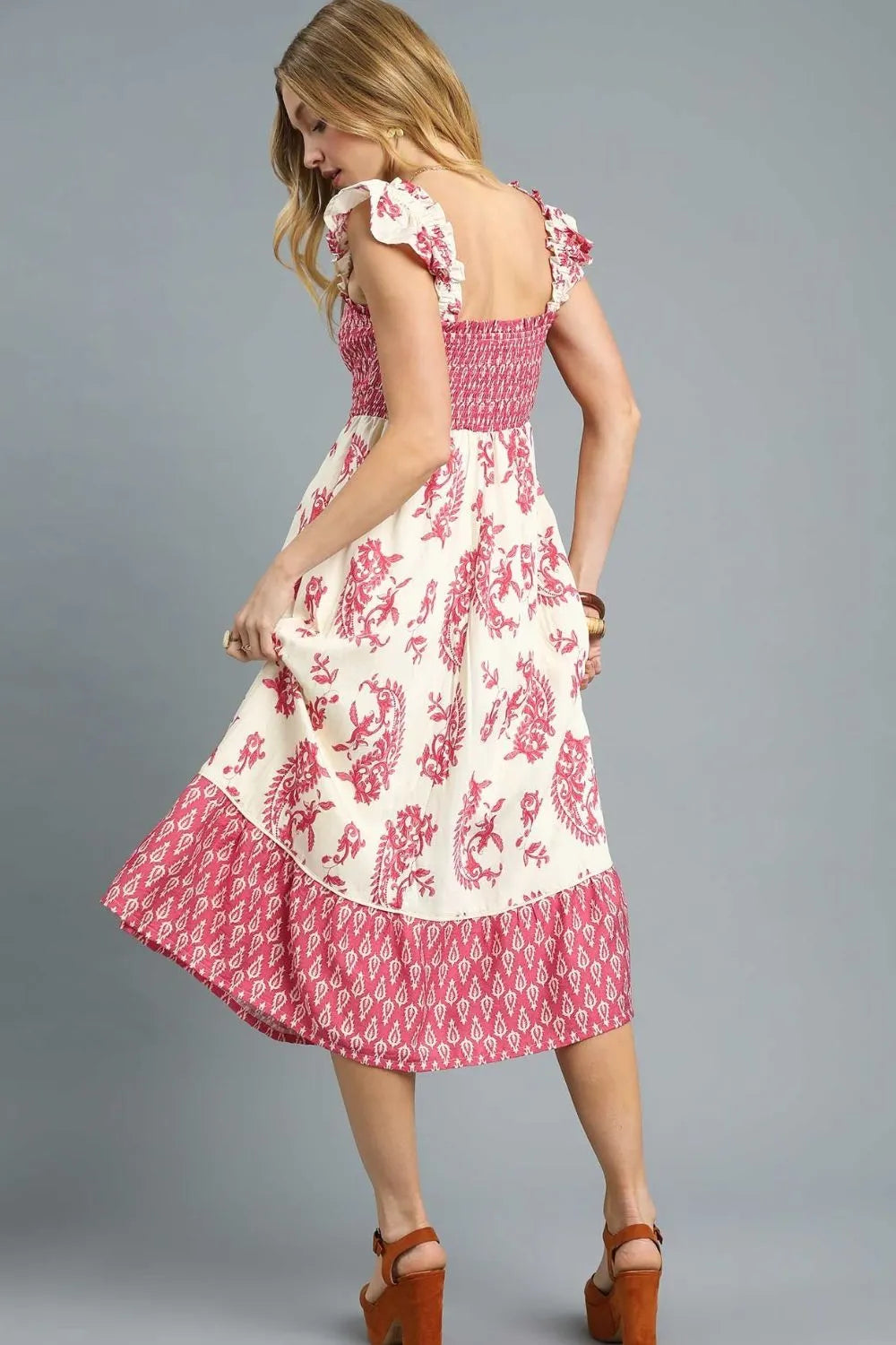 Umgee Ruffle Midi Dress Rose Paisley Printed Smocked Square Neck 595b1d39-4ac1-47f9-ab71-65cf3dfa91de-Max-Origin Trendsi