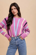 Women's Sweater Annie Wear Chevron Stripe Round Neck Ribbed Long Sleeve Orchid 59601496-7727-44e4-9fd9-1528c16cab36-Max Trendsi