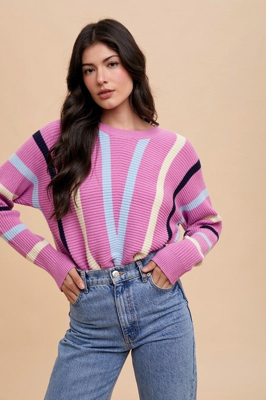 Women's Sweater Annie Wear Chevron Stripe Round Neck Ribbed Long Sleeve Orchid 59601496-7727-44e4-9fd9-1528c16cab36-Max Trendsi