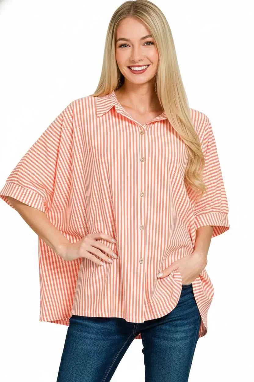 Zenana Oversized Shirt Coral Stripe Short Sleeve Top 5962ba14-7434-4aa9-a827-295a9235b73c-Max-Origin Trendsi