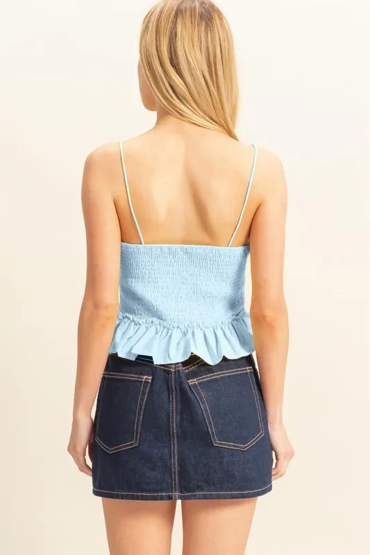 HYFVE Cami Top Light Blue Poplin Smocked Waist Summery Ruffled 5963e4e660784b5cb76e7aef54dce6e6-Max-Origin Trendsi