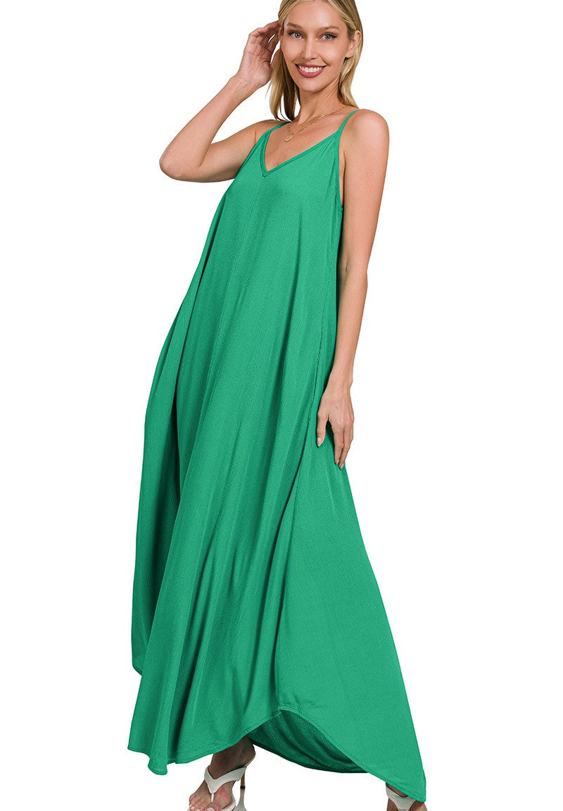 Zenana Cami Maxi Dress Green Woven Crinkle with Side Pockets Lightweight