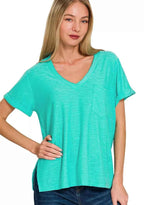 Zenana Women T-shirt Turquoise Slub Rolled Short Sleeve V-Neck Top Tee TURQUOISE 59668fd1028248238a2d393261974032-Max-Origin Trendsi