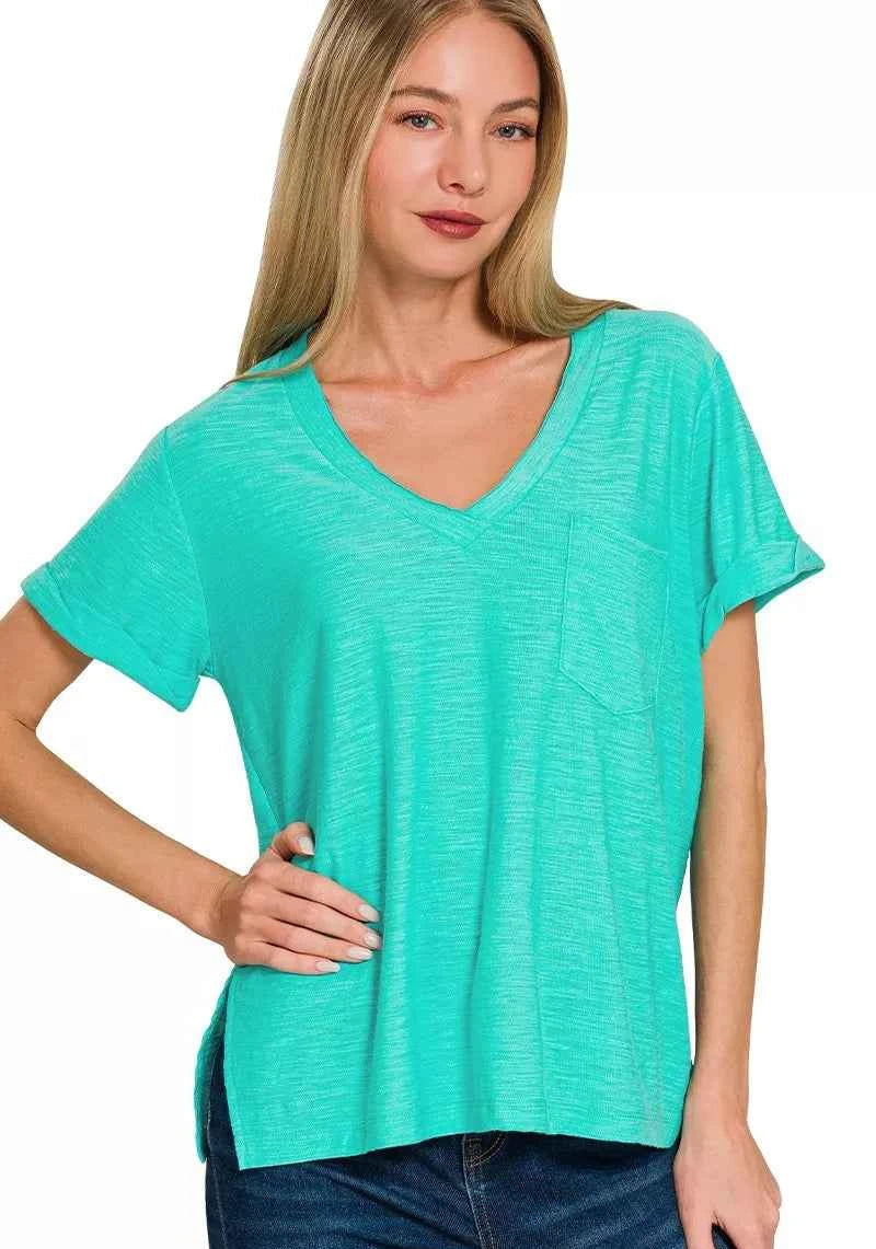 Zenana Women T-shirt Turquoise Slub Rolled Short Sleeve V-Neck Top Tee TURQUOISE 59668fd1028248238a2d393261974032-Max-Origin Trendsi